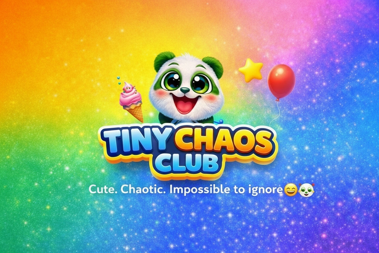Colorful logo for 'Tiny Chaos Club' with a panda character holding an ice cream cone on a gradient background.